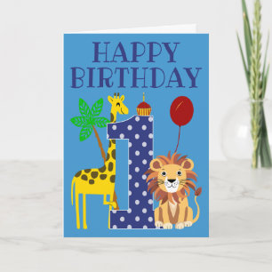 Carte 1er anniversaire pour garçon avec Giraffe et Lion