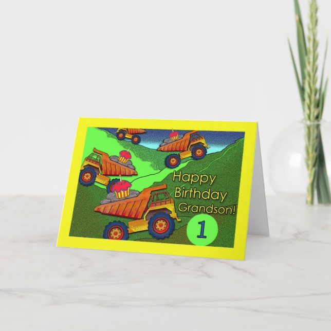 Carte 1er anniversaire pour Grand-fils, Camions de vidag (Devant)