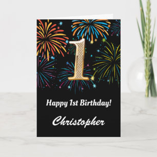 Carte 1er anniversaire Rainbow Fireworks noir et or