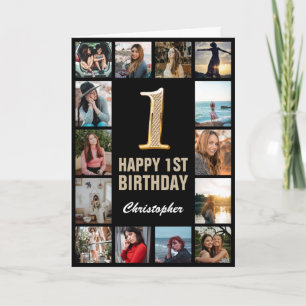 Carte 1er Joyeux Anniversaire Black and Gold Photo Colla