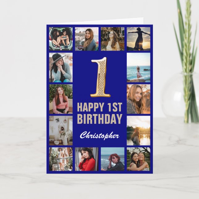Carte 1er Joyeux Anniversaire Marine Blue & Gold Photo C (Devant)