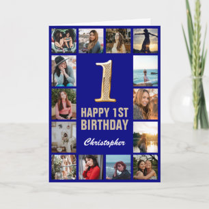 Carte 1er Joyeux Anniversaire Marine Blue & Gold Photo C
