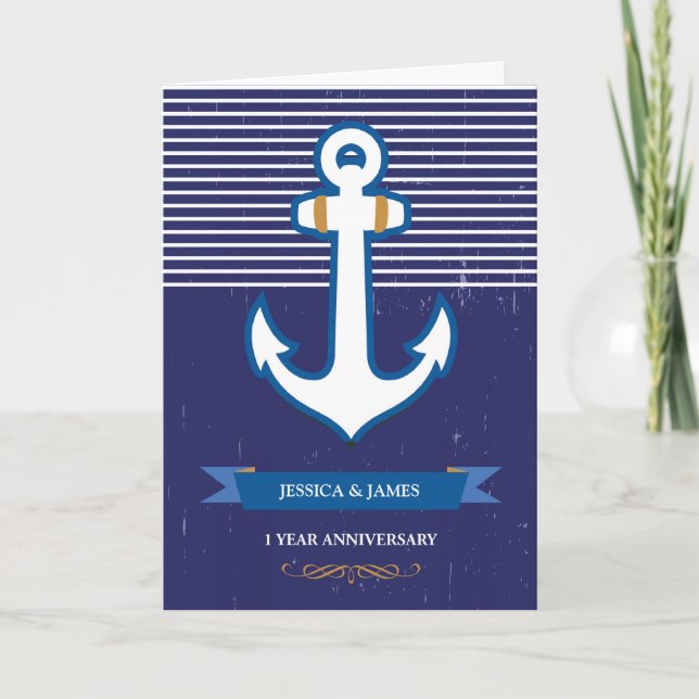 Carte 1ère année Ancre Nautique Mariage Anniversaire Car (Devant)