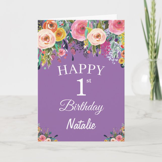 Carte 1ère aquarelle d'anniversaire Fleurs florales pour (Devant)