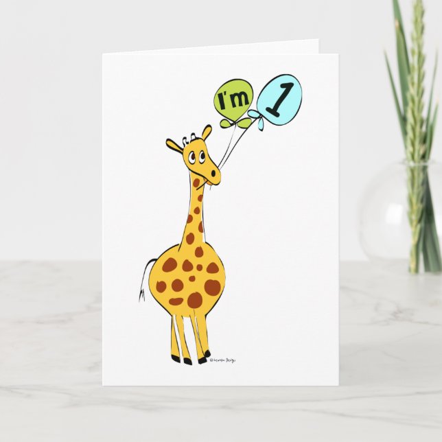 Carte 1ère Giraffe d'anniversaire avec ballons (Devant)