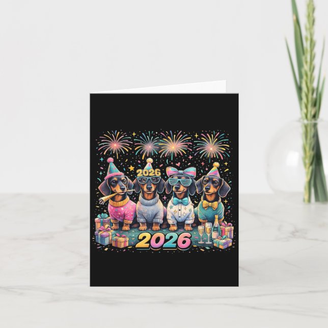 Carte 2026 New Year Dachshund Party Fireworks Fun  (Devant)