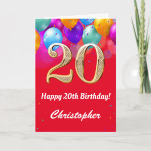 Carte 20e anniversaire Ballons rouges et dorés