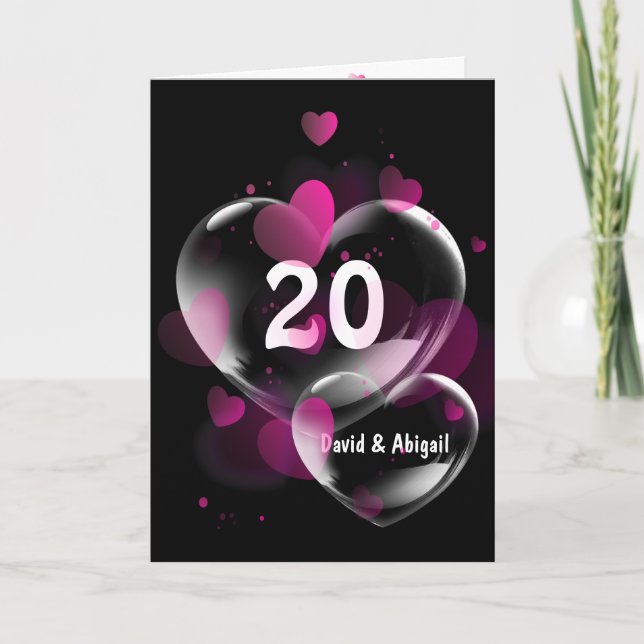 Carte 20e Anniversaire Bulles cardiaques sur Noir (Devant)