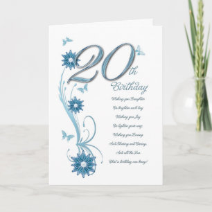 Carte 20e anniversaire en turquoise avec fleurs et papil