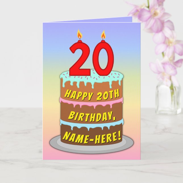Carte 20e anniversaire — Fun Cake & Candles, avec nom pe (Orchidée)