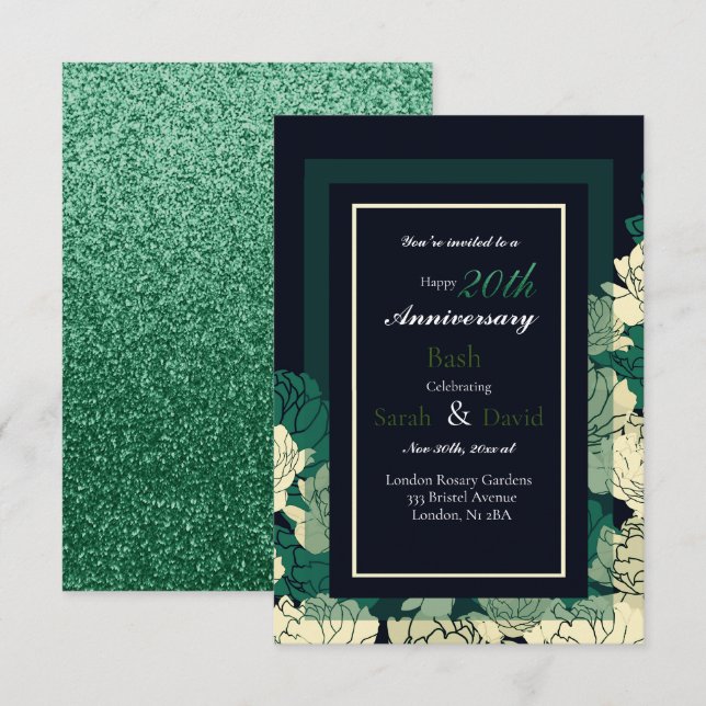 Carte 20e anniversaire imprimé rose vert émeraude (Devant / Derrière)