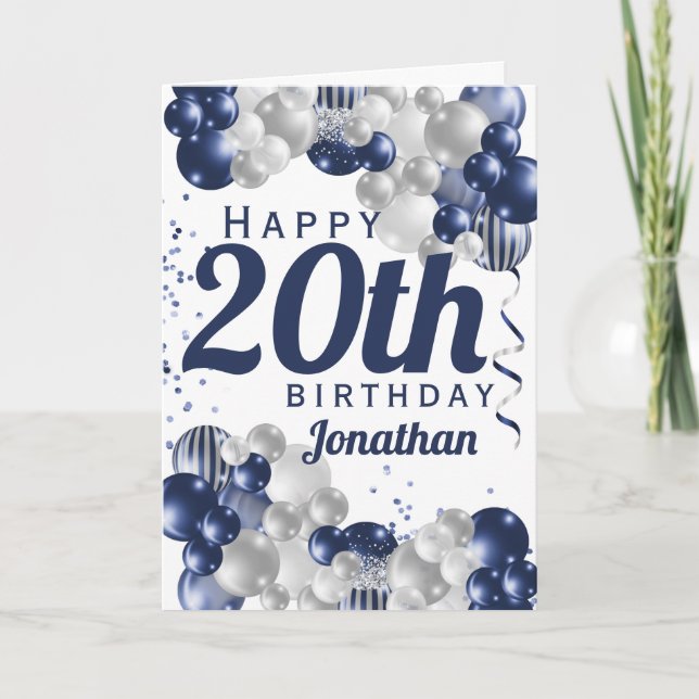 Carte 20e anniversaire Marine Bleus Ballons (Devant)