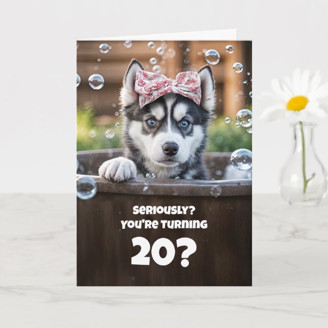 Carte 20e anniversaire mignonne Sibérie Husky Chiot (Petite plante)