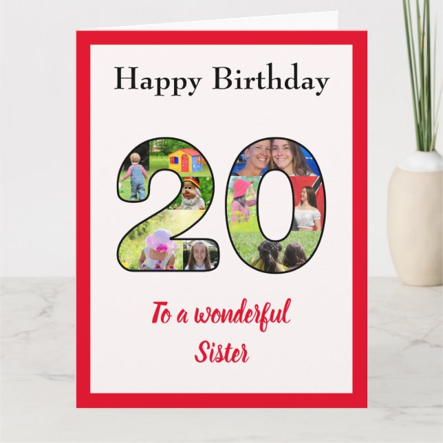 Carte 20e anniversaire Photo Collage Soeur Unique Grande (Devant)