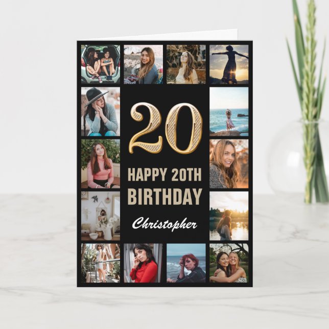 Carte 20e Joyeux Anniversaire Black and Gold Photo Colla (Devant)
