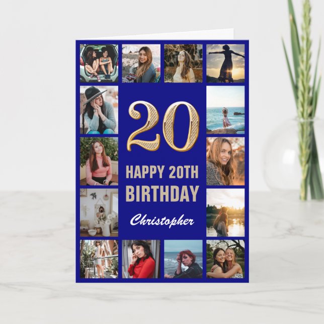 Carte 20e Joyeux anniversaire Marine Blue & Gold Photo C (Devant)