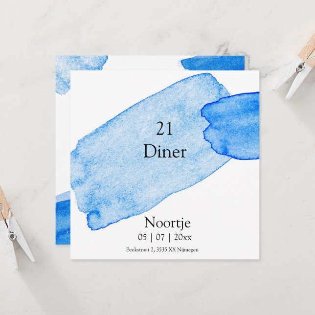 Carte 21 Diner uitnodiging moderne verfstrepen blauw (Devant/Arrière en situation)
