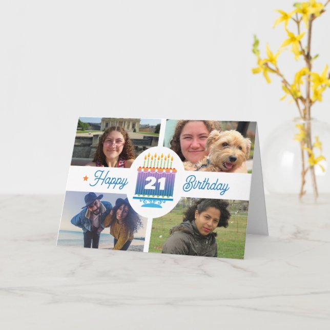 Carte 21e anniversaire 4 photos personnalisées Cake colo (Fleur jaune)