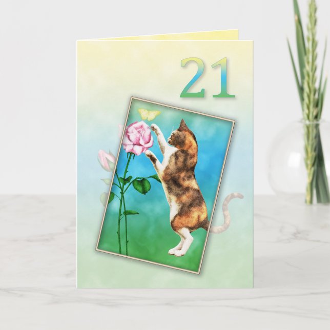 Carte 21e anniversaire avec un chat ludique (Devant)