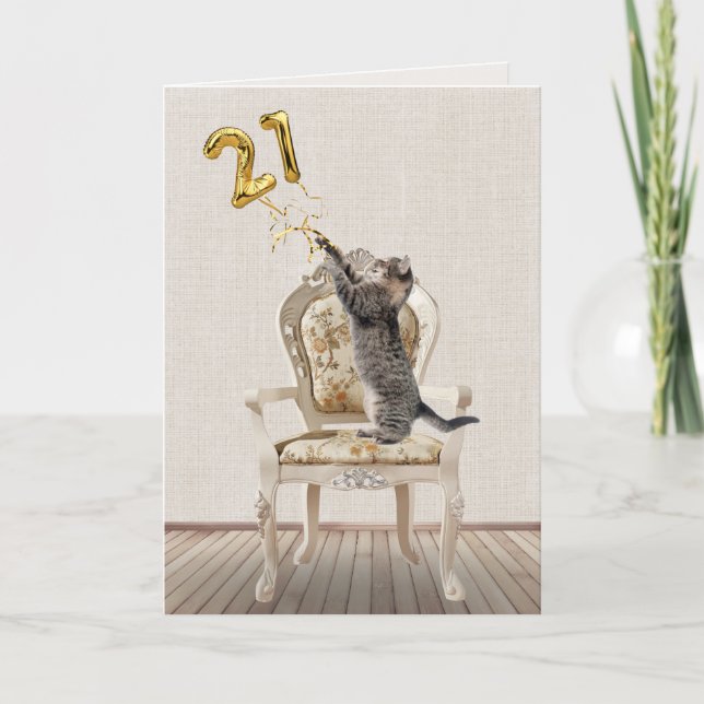 Carte 21e Anniversaire Ballons et Tabby Chat (Devant)