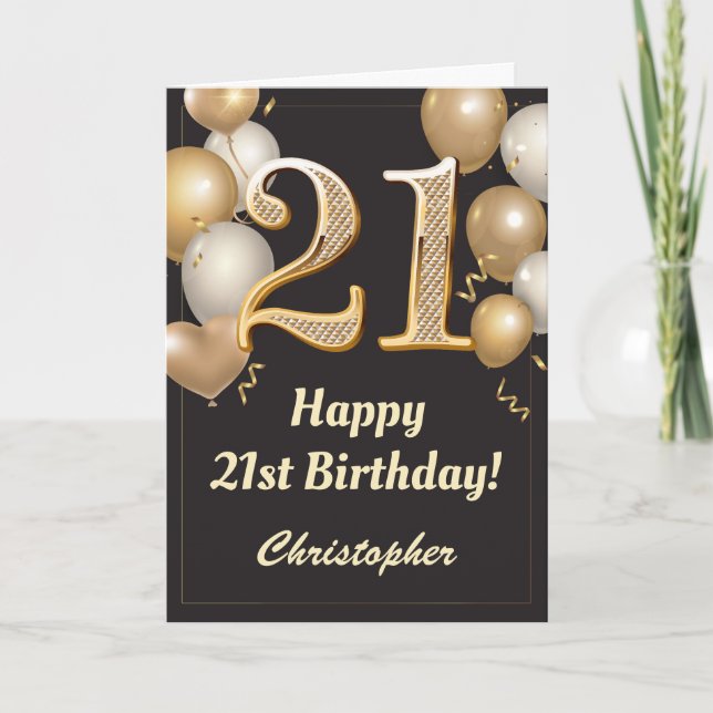Carte 21e anniversaire Ballons Noir et Or Confetti (Devant)