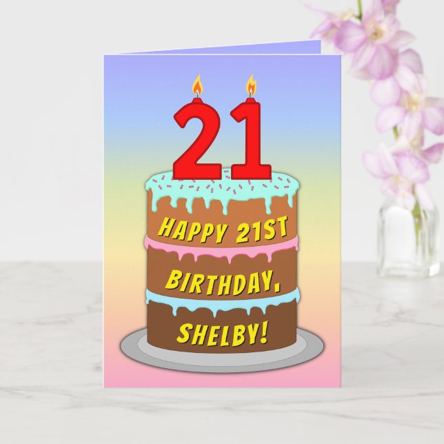 Carte 21e anniversaire — Fun Cake & Candles, avec nom pe (Orchidée)