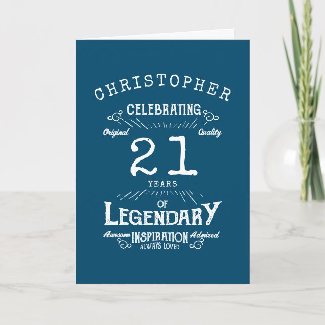 Carte 21e anniversaire Légendaire Bleu Ajouter Nom Légen (Devant)