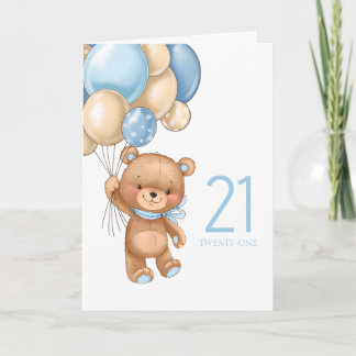 Carte 21E anniversaire mignon ballons bleu garçon teddy