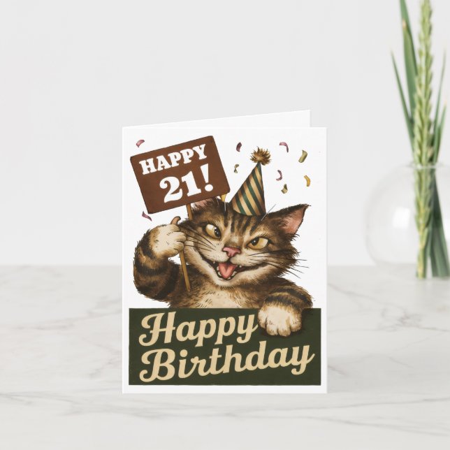 Carte 21e anniversaire mignon drôle chat vintage (Devant)