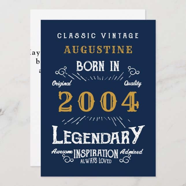 Carte 21e anniversaire Né 2004 Légende Blue Gold Salutat (Devant / Derrière)