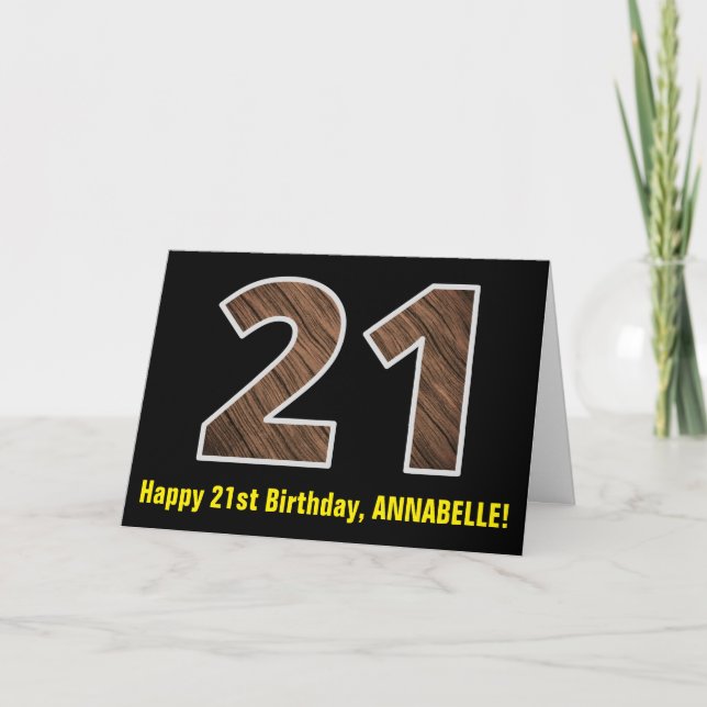 Carte 21e anniversaire : Nom + Faux Wood Grain Motif "21 (Devant)