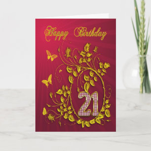Carte 21e anniversaire papillons dorés