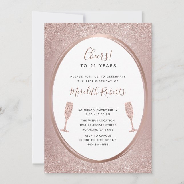 Carte 21e anniversaire Rose Gold Champagne Party Invitat (Devant)