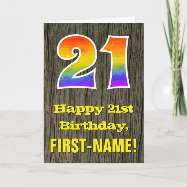 Carte 21e anniversaire : Rustic Faux Wood Look, Arc-en-c (Devant)