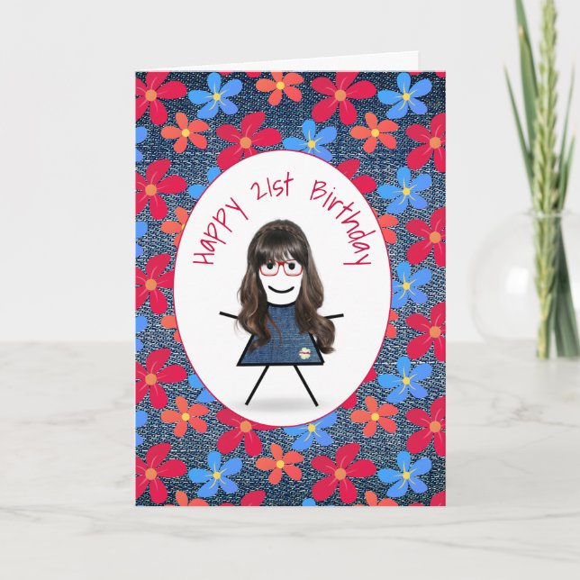 Carte 21e Anniversaire Stick Girl and Daisies On Denim (Devant)
