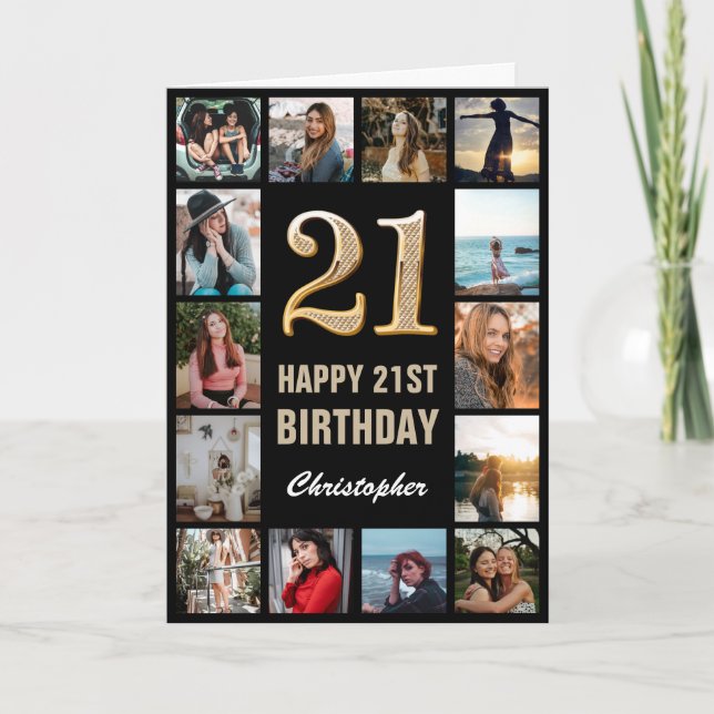 Carte 21e Joyeux Anniversaire Black and Gold Photo Colla (Devant)