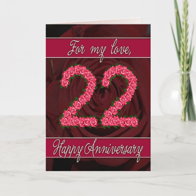 Carte 22e anniversaire avec rose et feuille (Devant)