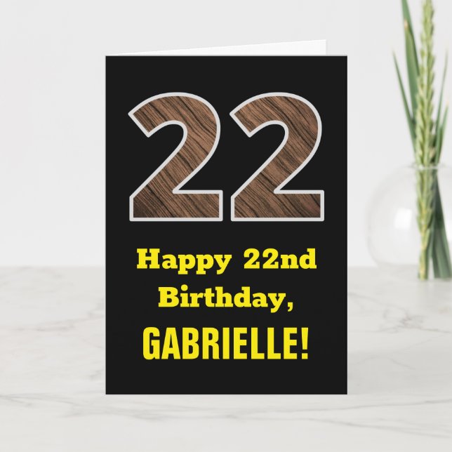 Carte 22e anniversaire : Nom, Motif Faux Wood Grain "22" (Devant)