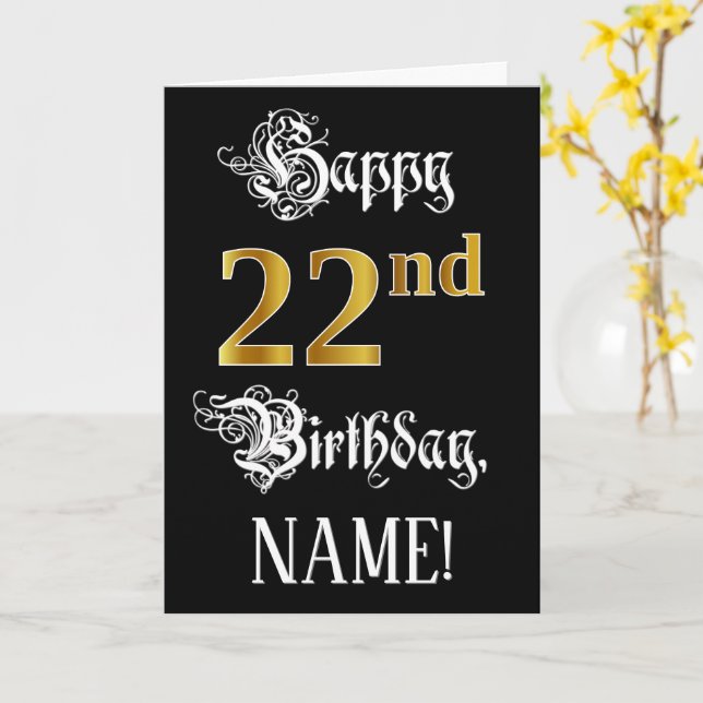 Carte 22e anniversaire — Script fantaisie; look or Faux; (Fleur jaune)