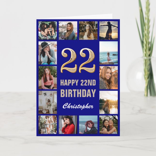 Carte 22e Joyeux Anniversaire Marine Bleu & Gold Photo C (Devant)