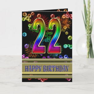 Carte 22ème anniversaire avec bulles arc-en-ciel et feux