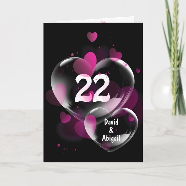 Carte 22ème Anniversaire Bulles cardiaques sur Noir (Devant)