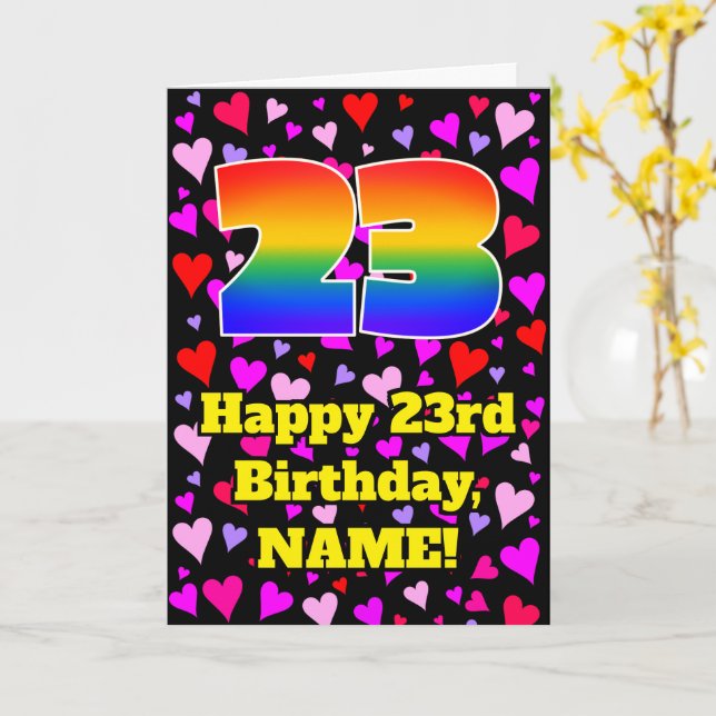 Carte 23e anniversaire : Amour Hearts Motif, Arc-en-ciel (Fleur jaune)
