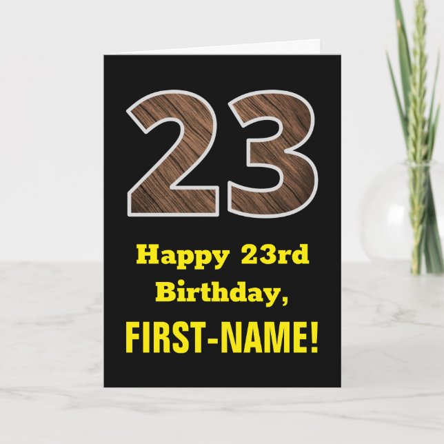 Carte 23e anniversaire : Nom, Motif Faux Wood Grain "23" (Devant)