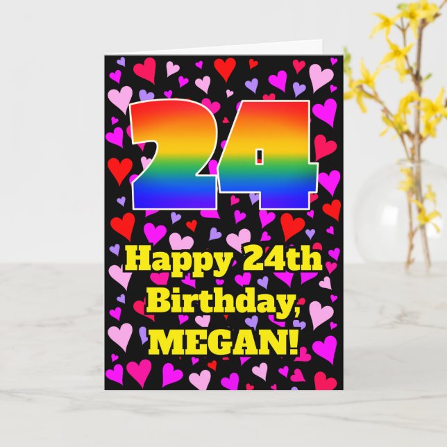 Carte 24e anniversaire : Amour Hearts Motif, Arc-en-ciel (Fleur jaune)