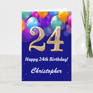 Carte 24e anniversaire Marine Bleu et or Ballons colorés