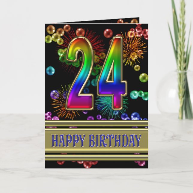 Carte 24ème anniversaire avec bulles arc-en-ciel et feux (Devant)