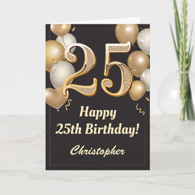 Carte 25e anniversaire Ballons Noir et Or Confetti (Devant)