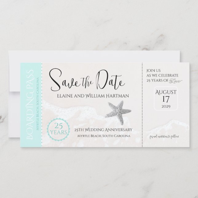 Carte 25e anniversaire Beach Boarding Pass Enregistrer l (Devant)