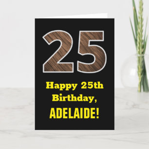 Carte 25e anniversaire : Nom, Motif Faux Wood Grain "25"